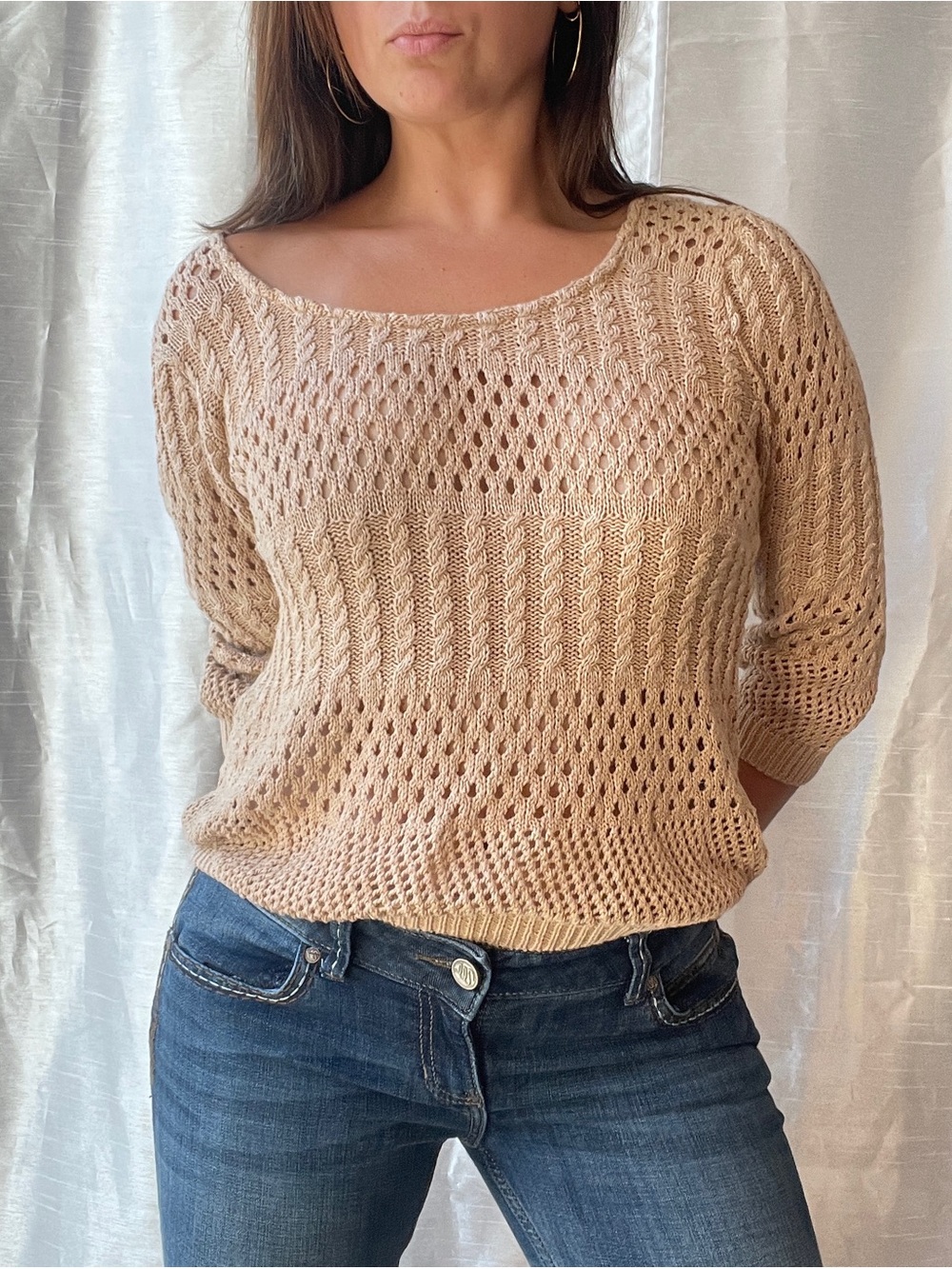 Charlotte Russe Sweater Women’s Medium Tan Open Knit Slouchy Boho Cottagecore